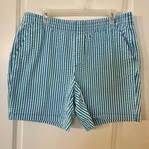 Lands End Chino Shorts Aqua Blue & White Stripe Seersucker Mid Rise Pull-On